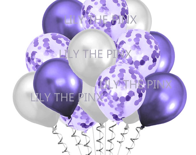 15 pack of balloons 5 metallic purple, 5 purple confetti  and 5 pearl white balloons wedding anniversary, birthday party hen party