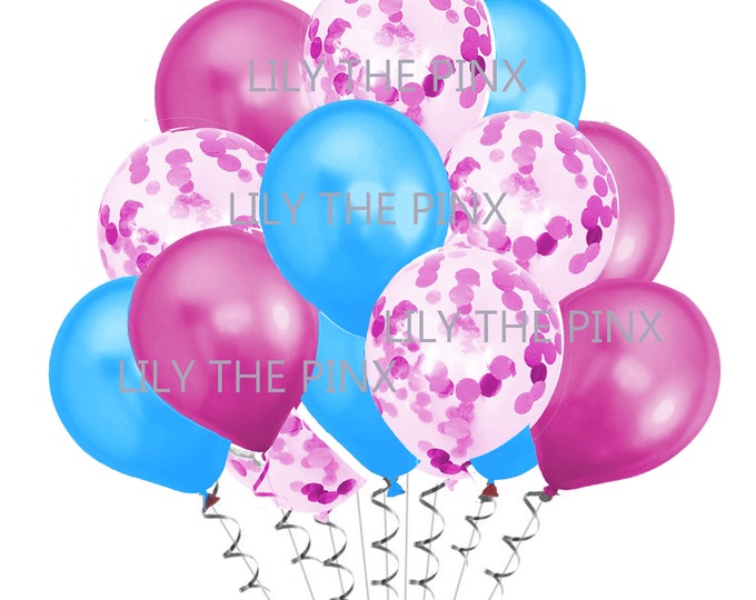 15 pack of party balloons 5 metallic fuchsia pink, 5 fuchsia metallic confetti and 5 metallic carribbean blue birthday party baby shower