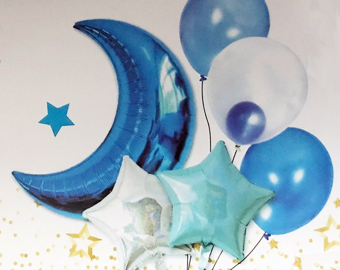 SILVER BLUE WHITE moon & star birthday party balloons 7 pack. Gorgeous balloons make a splash at your event amazing venue decoration