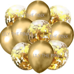 Free Postage 10 pack gold balloons 5 metallic gold and 5 gold confetti filled balloons 50th anniversary, childrens birthday party, christmas