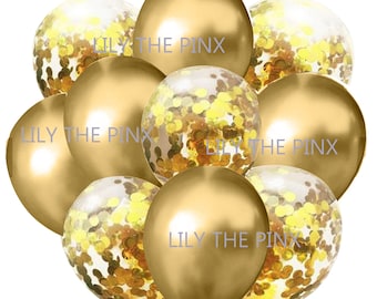 Free Postage 10 pack gold balloons 5 metallic gold and 5 gold confetti filled balloons 50th anniversary, childrens birthday party, christmas