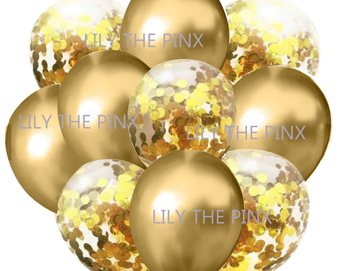 Free Postage 10 pack gold balloons 5 metallic gold and 5 gold confetti filled balloons 50th anniversary, childrens birthday party, christmas