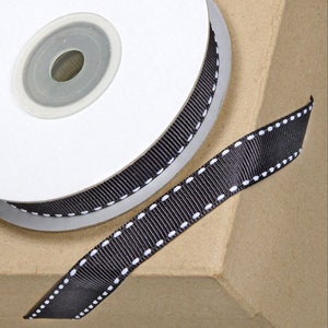 NASTRO GROSGRAIN nero da 12 mm con cuciture BIANCHE da 12 mm x 10 metri per decorare matrimoni o feste, regali o artigianato