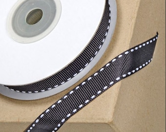 12mm black GROSGRAIN RIBBON with WHITE stitching 12mm x 10 meters for decorating wedding or party venues, gifts or crafts