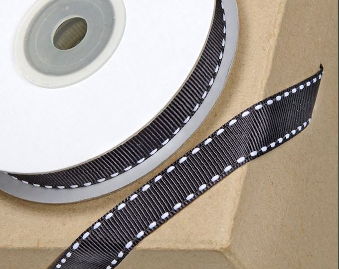 12mm black GROSGRAIN RIBBON with WHITE stitching 12mm x 10 meters for decorating wedding or party venues, gifts or crafts
