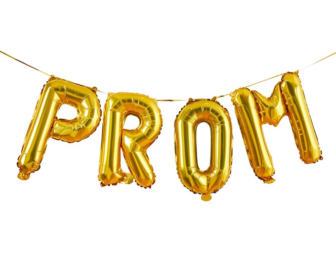 gold foil 'PROM' balloon garland lovely long lasting 16 inch balloons hung from a cord complete with inflation tube no need for helium