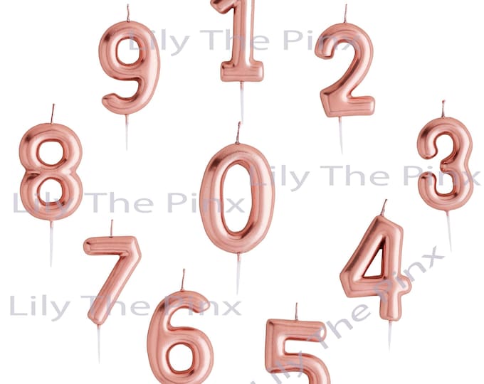 Free Postage! Large ROSE GOLD coloured number wax CANDLES birthday or anniversary celebrationn 1 2 3 4 5 6 7 8 9 10 25 50
