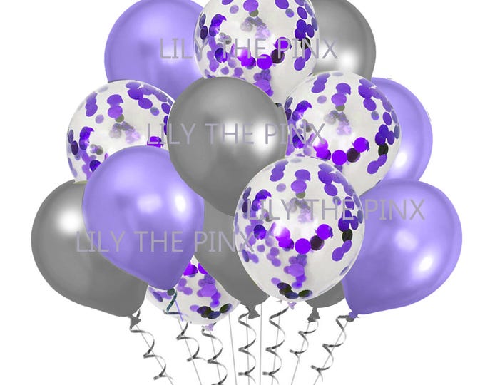 15 pack of party balloons 5 metallic silver, 5 purple metallic confetti and 5 metallic lilac balloons wedding anniversary, birthday party