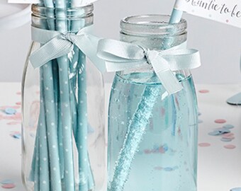 20 white polka dot PASTEL MINT green paper straws 200mm long. Each straw has a flag to personalize for your guests baby shower or party