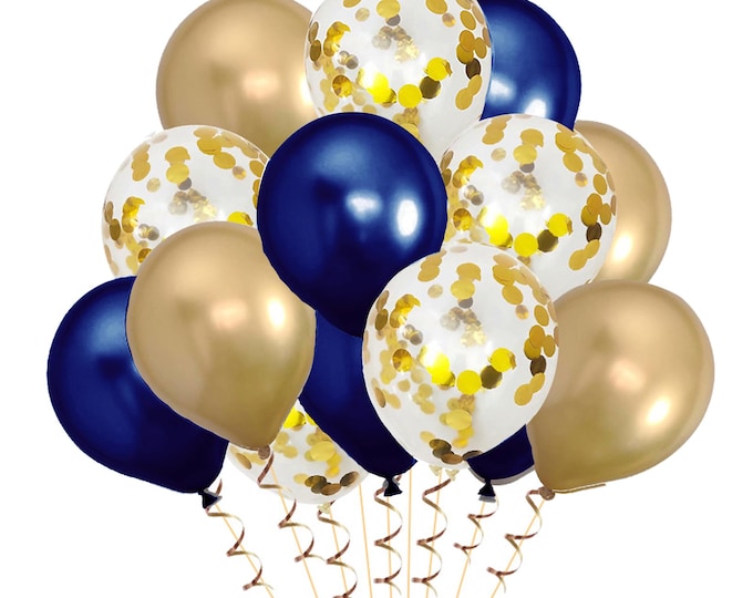 15 gold & navy blue party balloons 5 metallic gold 5 gold metallic confetti and 5 metallic navy blue wedding anniversary, birthday party