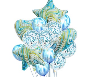 14 pce stunning BLUE GOLD & WHITE balloon bouquet 10 12 inch latex balloons and 4 larege foil balloons. Ideal for all celebrations