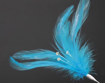 Pack of 6 TURQUOISE real FEATHERS with DIAMANTES great for crafting, hatmaking, wedding hair, floral decorations and bouquets