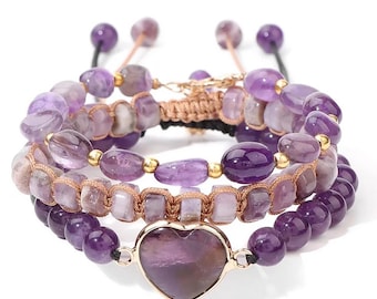 Natural Amethyst PURPLE HEART Hand BEADED Bracelets Aquarius Birthstone, adjustable 3 in 1-layer bracelet Christmas birthday gift Aquarius
