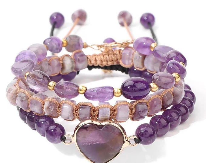 Natural Amethyst PURPLE HEART Hand BEADED Bracelets Aquarius Birthstone, adjustable 3 in 1-layer bracelet Christmas birthday gift Aquarius