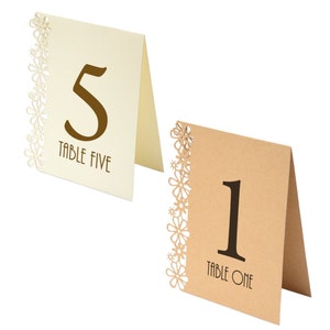 NÚMEROS de la tabla de TARJETAS DE TIENDA. para 15 mesas números del 1 al 15. Tarjetas rústicas con bordes de flores cortadas con láser en color marrón o marfil y números impresos