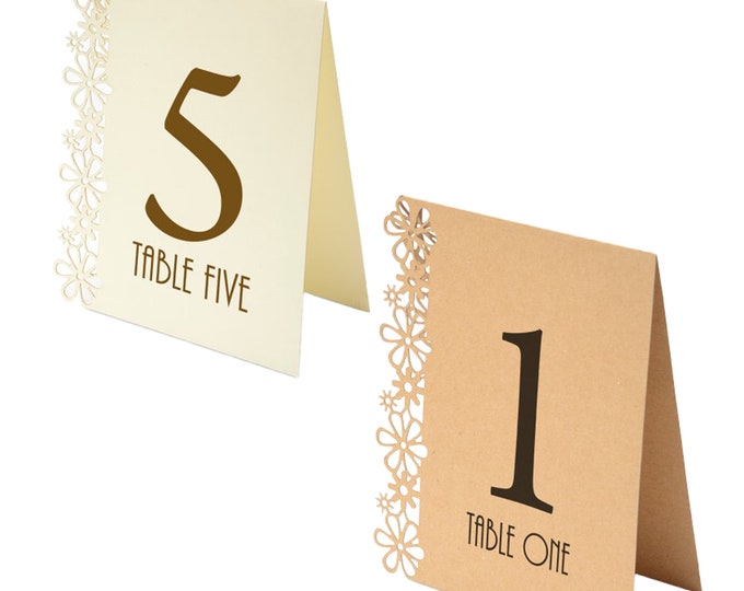 TENT CARD table NUMBERS. for 15 tables numbers 1 to 15. rustic brown or ivory laser cut flower edged cards with printed numbers