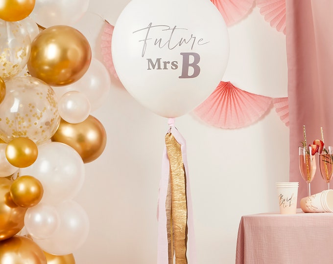 LARGE 18 inch FUTURE MRS balloon with tassels hen and stickers to personalise for a hen party or bridal shower in pink white and gold