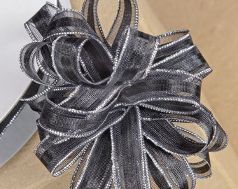 10mm organza PULL BOW RIBBON black with silver edging 25 meters ideal for decorating wedding or party venues, gifts or crafts