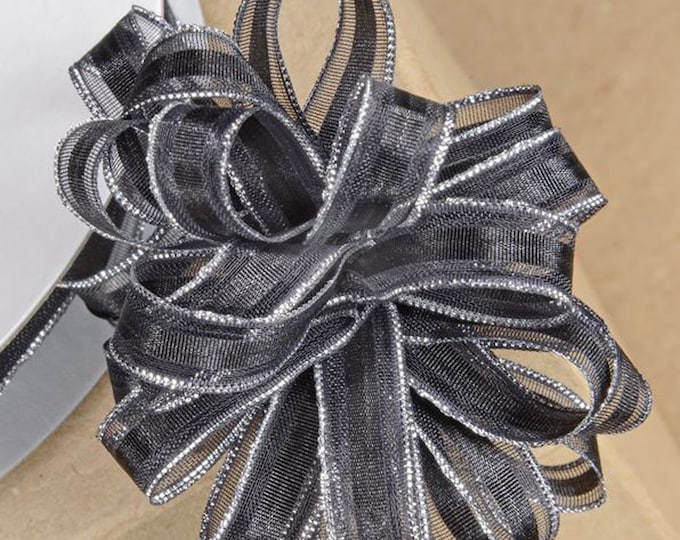10mm organza PULL BOW RIBBON black with silver edging 25 meters ideal for decorating wedding or party venues, gifts or crafts