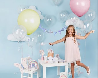 FAIRY PRINCESS party essentials decorated with unicorns rainbow and mermainds party bags invitations plates cups and napkins balloons