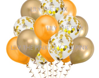 15 GOLD & ORANGE party balloons 5 metallic gold 5 gold metallic confetti and 5 metallic orange balloons wedding anniversary, birthday