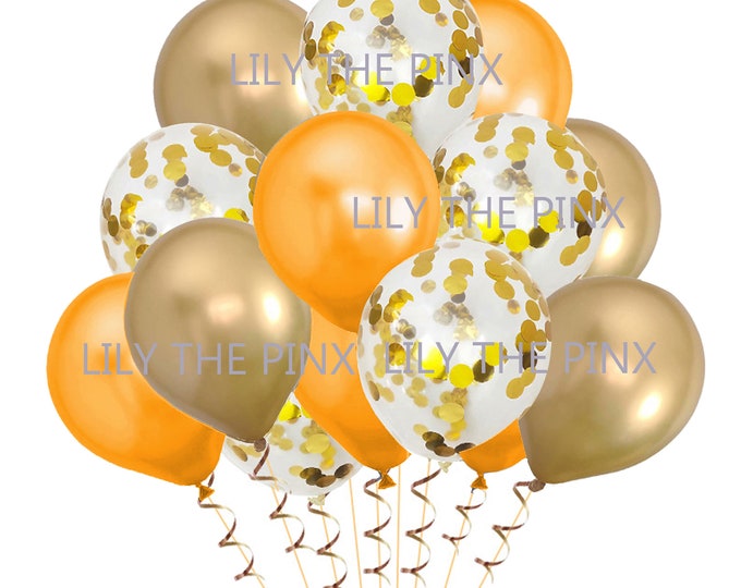 15 GOLD & ORANGE party balloons 5 metallic gold 5 gold metallic confetti and 5 metallic orange balloons wedding anniversary, birthday