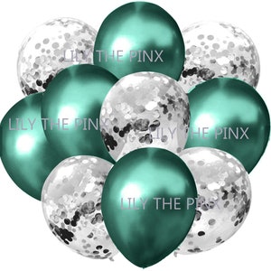 Confezione da 10 palloncini natalizi VERDI E ARGENTO 5 palloncini verdi metallizzati e 5 trasparenti con coriandoli argento per la festa di Capodanno