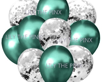 10 pack of GREEN & SILVER christmas balloons 5 metallic green and 5 clear with silver confetti filled balloons new years party