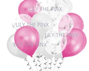 15 pack of party balloons 5 metallic pink, 5 white paper confetti and 5 pearl white balloons wedding anniversary, birthday party hen party