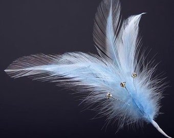 Pack of 6 baby BLUE real FEATHERS with DIAMANTES great for crafting, hatmaking, wedding hair, floral decorations and bouquets
