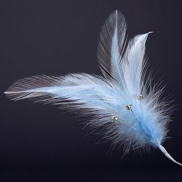 Pack of 6 baby BLUE real FEATHERS with DIAMANTES great for crafting, hatmaking, wedding hair, floral decorations and bouquets