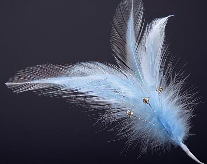 Pack of 6 baby BLUE real FEATHERS with DIAMANTES great for crafting, hatmaking, wedding hair, floral decorations and bouquets