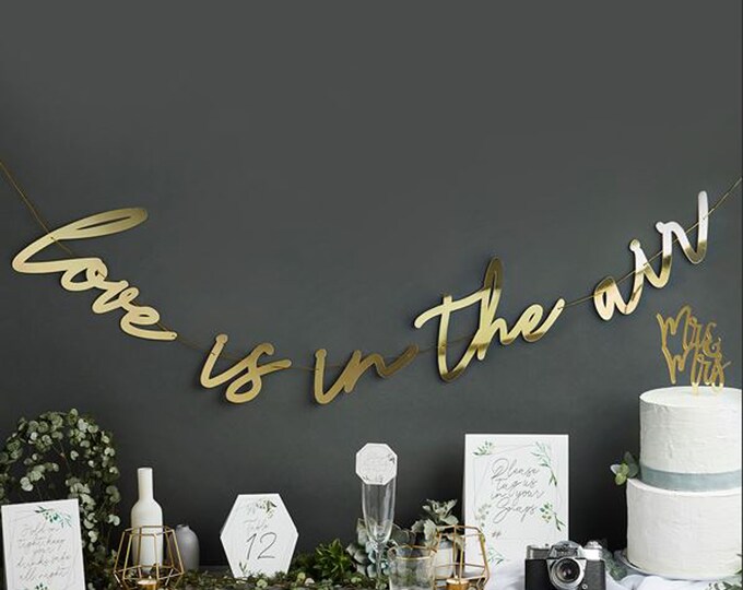 LOVE is in the air WEDDING or anniversary celebration PARTY range geometric greenery white gold & green cake boxes, tent and place cards