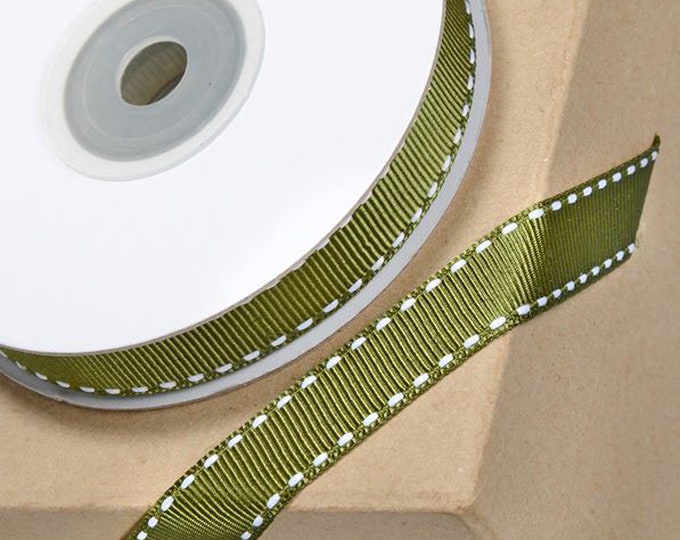 12mm moss olive green GROSGRAIN RIBBON with WHITE stitching 12mm x 10 meters for decorating wedding or party venues, gifts or crafts
