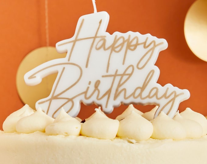 GOLD & WHITE Happy Birthday Wax Candle Cake Topper. large white candle with gold lettering. Great candle as you only have to light one wick
