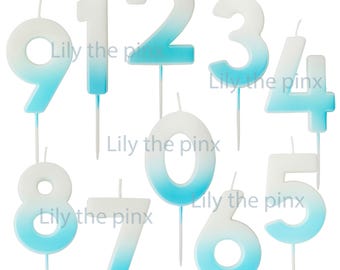 Free Postage! Large BLUE & White coloured number wax CANDLES ombre BIRTHDAY or anniversary celebrationn 1 2 3 4 5 6 7 8 9 10 25 50 18 21 30