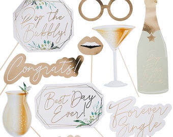 WEDDING PARTY 10 photo booth props. Designed to compliment contemporary party decoration gold & white. Champagne bottle cocktail glass