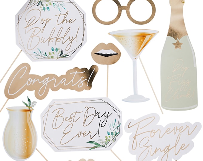 WEDDING PARTY 10 photo booth props. Designed to compliment contemporary party decoration gold & white. Champagne bottle cocktail glass