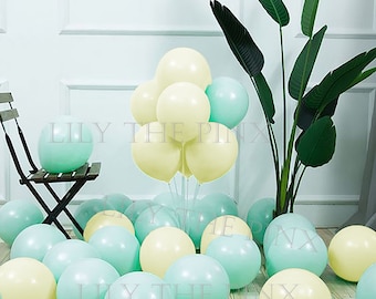 12 pack of TIFFANY BLUE GREEN and pastel lemon yellow 300mm macaron latex balloons baby shower gender reveal or childrens birthday party