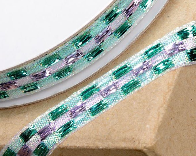 CHECKED LUREX RIBBON aqua turquoise and lilac metallic glitter full 10mm x 10M reel ideal for decorating wedding party, gifts or crafts