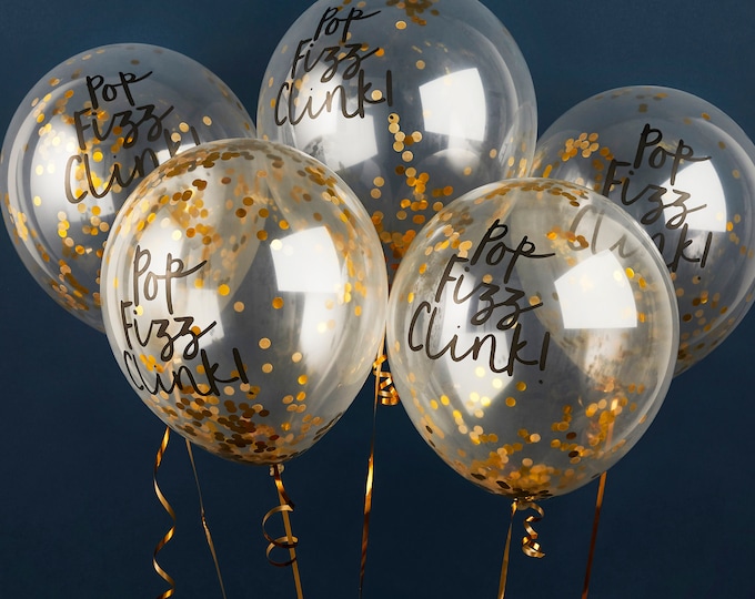 Stylish cocktail 300mm clear balloons with GOLD confetti pop clink fizz bubbly bar ideal for a christmas  or new year's eve party