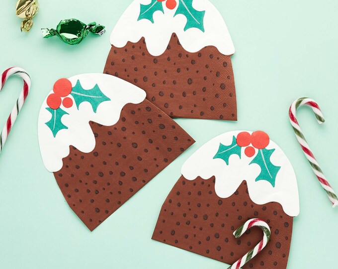 16 CHRISTMAS PUDDING SHAPED coloured napkins with holly and berries fun style design ideal for a christmas or new year's eve party