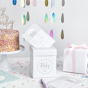 PASTELGROENE POSTBUS en voorspellingskaarten genderneutraal voegen stijl toe aan uw unisex babyshower-naamfeest of doop