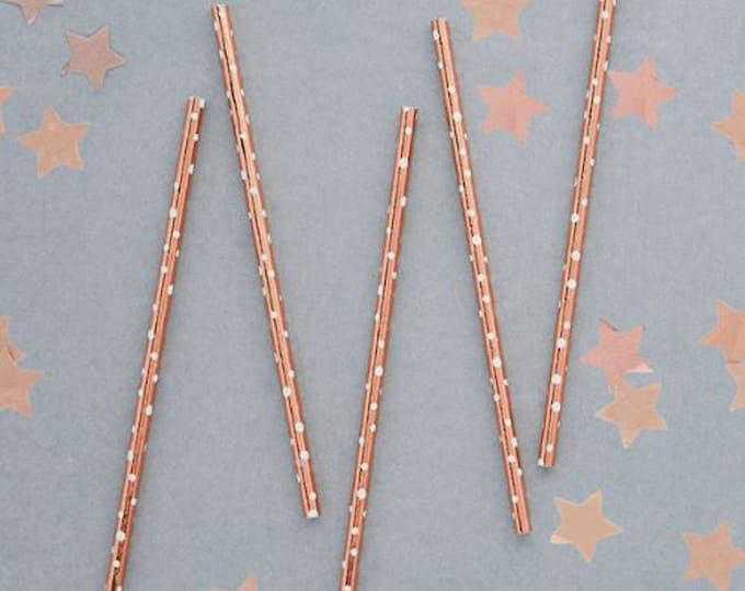 20 Rose GOLD PAPER STRAWS with white dots 20 pack Ideal for crafts, drawing or for dinking thru at parties or weddings or any occasion.