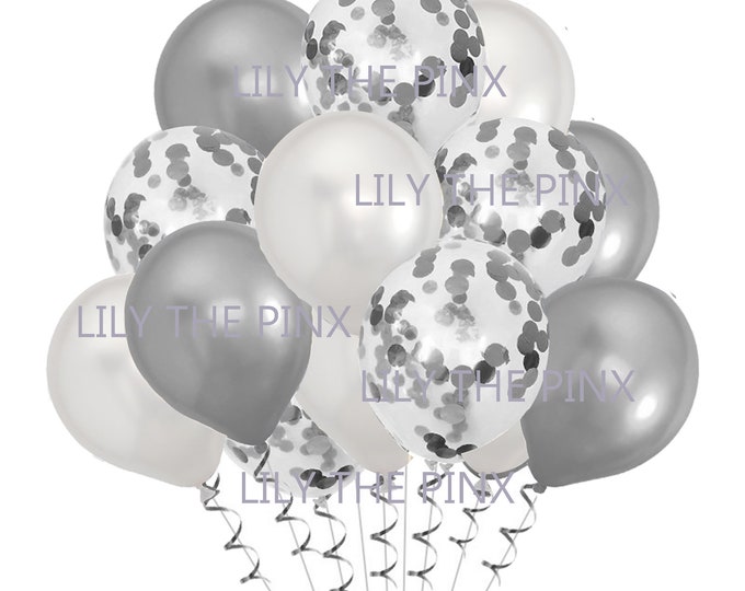15 pack of party balloons 5 metallic silver, 5 silver metallic confetti and 5 pearl white balloons wedding anniversary, birthday party