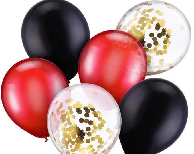 15 pack of party balloons 5 metallic red, 5 gold metallic confetti and 5 metallic black balloons wedding anniversary, birthday party