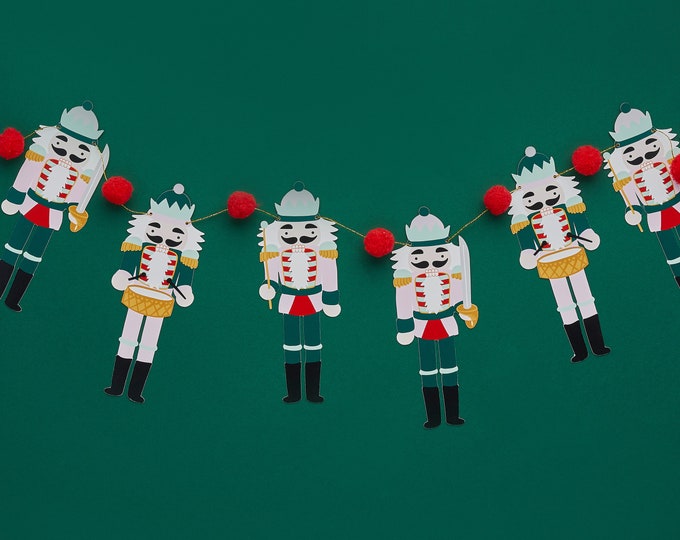 CHRISTMAS NUTCRACKER soldier POMPOM garland bunting in traditional christmas colours red white green and gold 2 meters