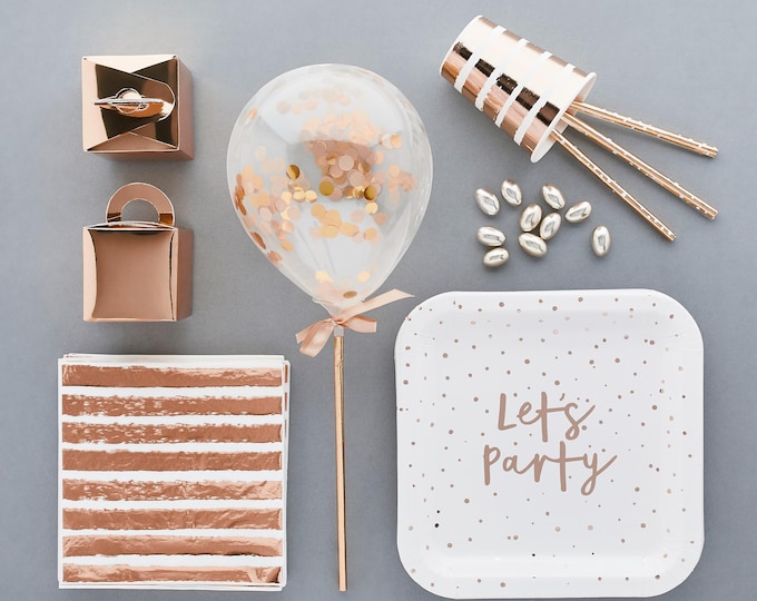 Rose Gold & White PARTY at HOME luxuary TABLEWARE pack contains 10 plates 10 cups 20 straws + 20 napkins