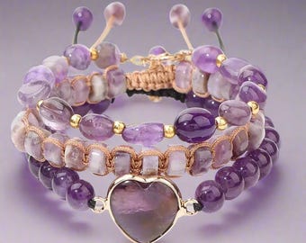 Natural Amethyst PURPLE HEART Hand BEADED Bracelets Aquarius Birthstone, adjustable 3 in 1-layer bracelet Christmas birthday gift Aquarius
