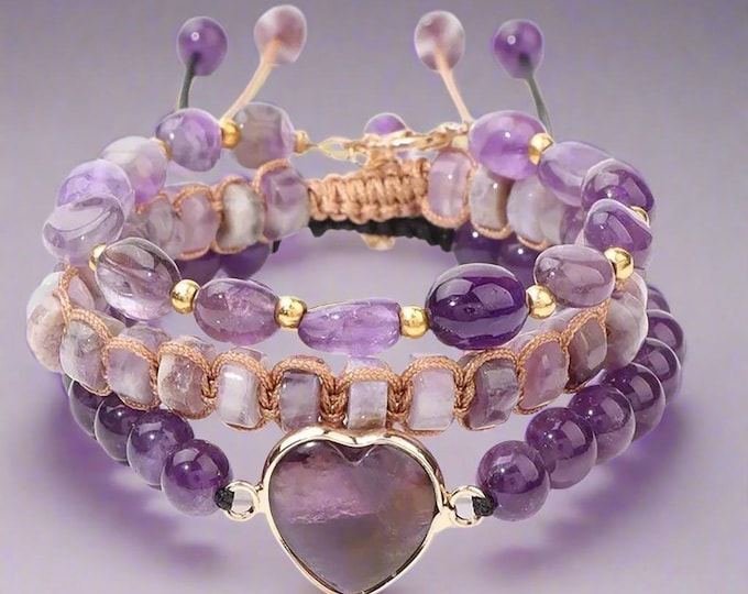 Natural Amethyst PURPLE HEART Hand BEADED Bracelets Aquarius Birthstone, adjustable 3 in 1-layer bracelet Christmas birthday gift Aquarius